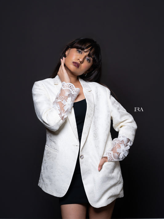 White Embossed Blazer – Elegance with Intricate Floral Embroidery