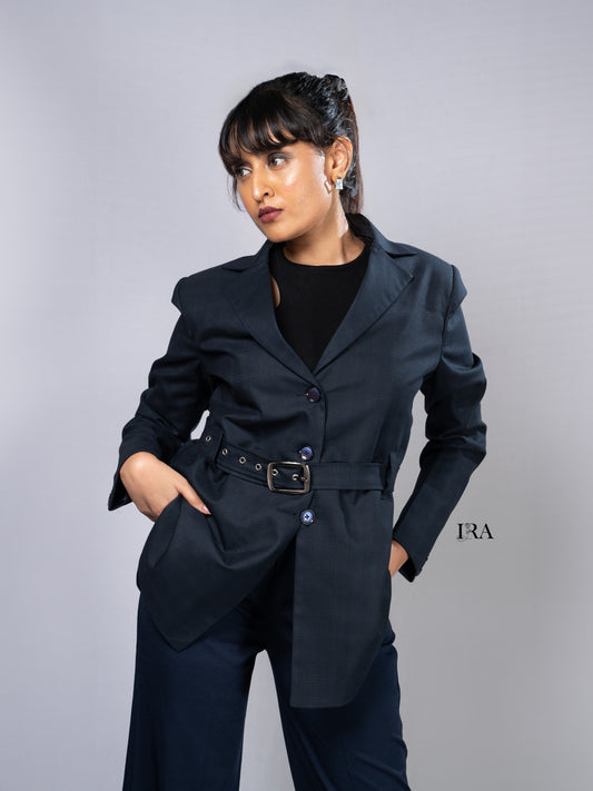 Blue Luxe Belted Blazer – Sophisticated Tailoring with Modern Details
