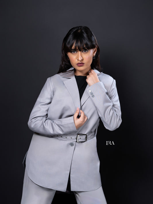 Grey Luxe Belted Blazer – Timeless Elegance with a Modern Edge